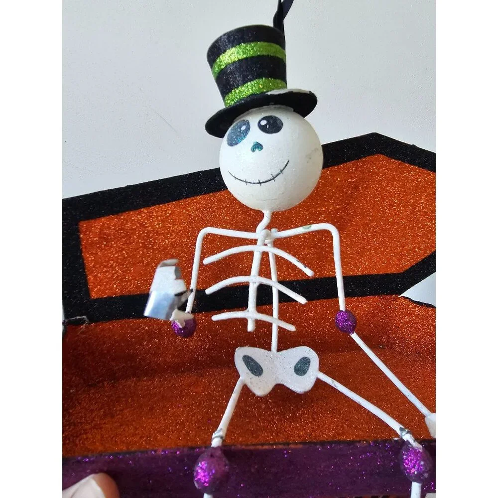 Pier 1 skeleton coffin break glitter RARE Halloween sign hanging decor unique sp